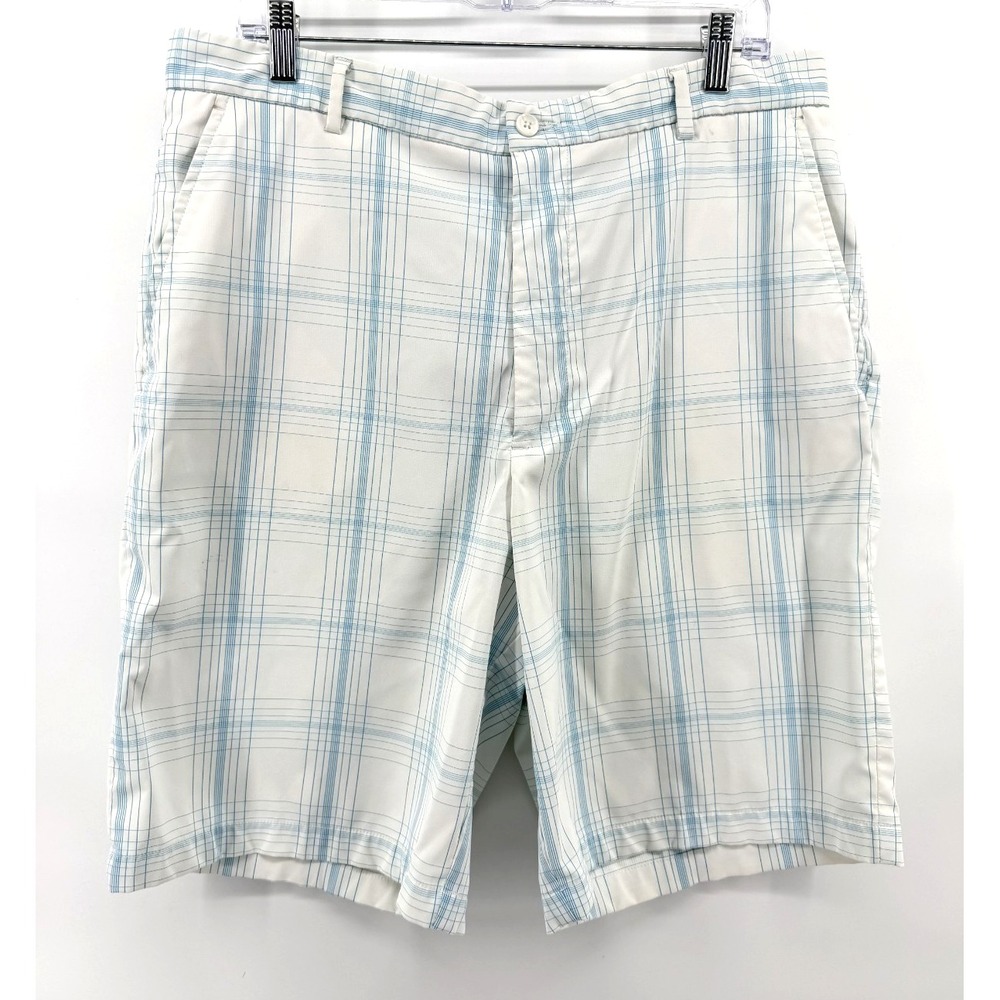 Slazenger Golf Shorts Men 36 White Blue Plaid Stretch Sports Flat Front Chino